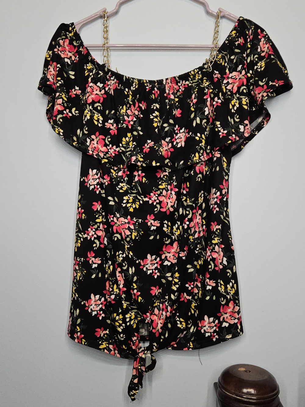 Black Floral Off-Shoulder Tie-Front Blouse